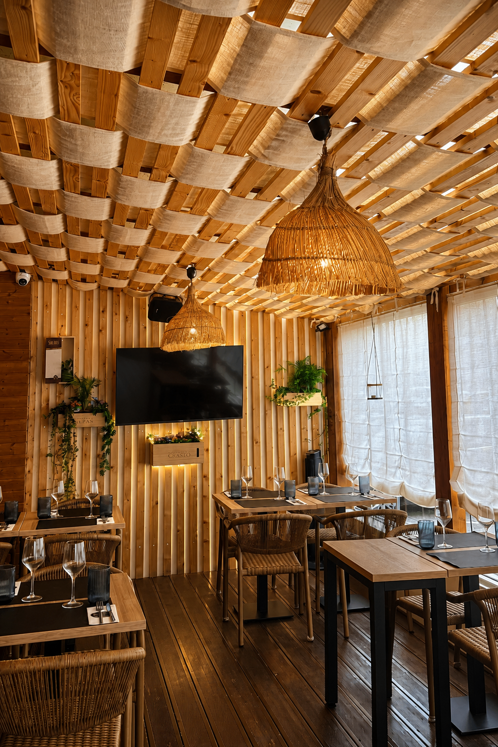 Interior acolhedor em madeira com iluminação quente
